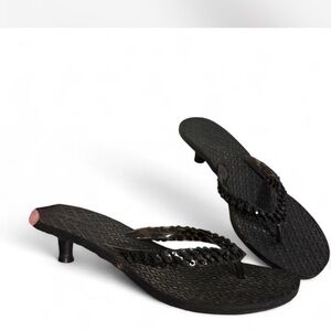 Black Beaded Kitten Heel Flip-Flop Sandals